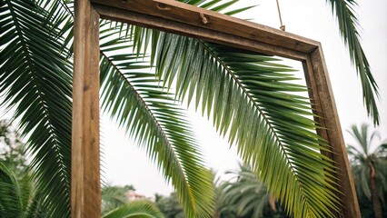 Obraz premium Palm tree leaves in shades of forest green and olive hang from a wooden frame like a work of art, palm tree leaves, artistic expression