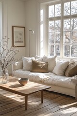 Minimalist, modern Scandinavian interiors in residential living rooms with windows visible and sofas and tables. Generative AI
