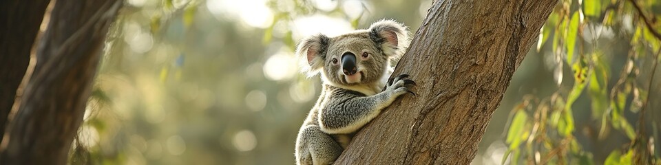 Fototapeta premium Koala clings to a tree in a sunlit forest
