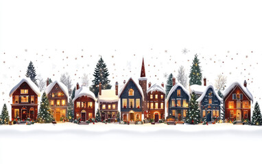 Fototapeta premium Charming snowy village with cozy houses and evergreens, winter wonderland scene.