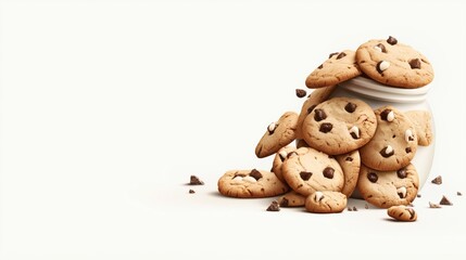 Stack of chocolate chip cookies overflowing from a glass jar on a white background with cookie crumbs scattered around