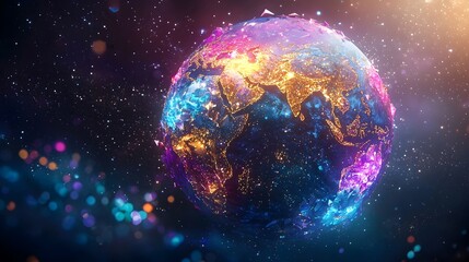 Naklejka premium Glowing Gemstone Planet Earth Floating in Starry Cosmic Sky Abstract Global Environmental Concept