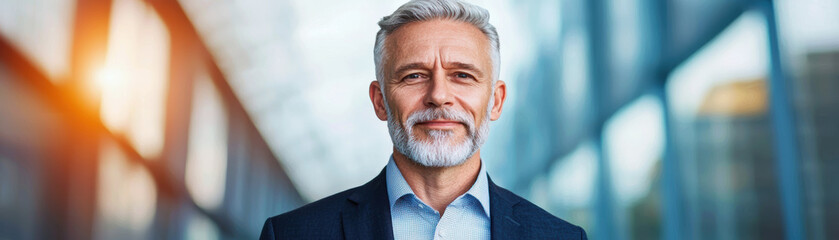 Fototapeta premium Portrait of a confident, mature businessman with a beard, in a modern office setting. Professional and poised, representing corporate success and leadership.