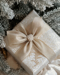 Elegant holiday gift wrapped in gold ribbon, surrounded by festive evergreen.