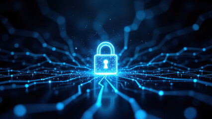 A vibrant blue cyber network with a lock icon at its center, symbolizing data security and encryption.
