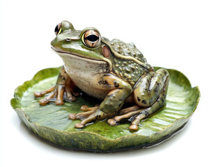 Obraz premium Realistic frog figurine on a green lily pad, isolated on a white background.