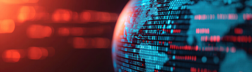 Glowing digital binary globe with blue and red hues symbolizing global connectivity and technology advancement. Perfect for tech and data concepts.