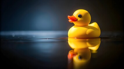 Yellow rubber duck floating on dark water