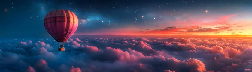 Handdoek met foto Meisjeskamer A Hot Air Balloon Soaring Above a Sea of Clouds at Sunset with a Starry Sky  © HQAsset