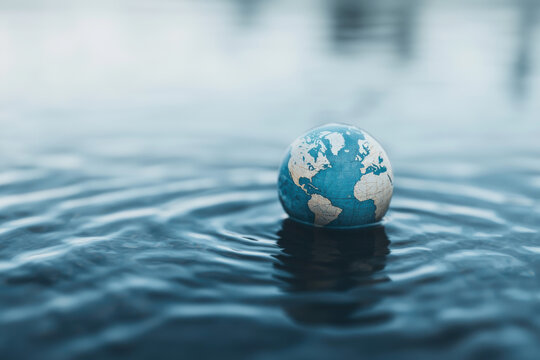 A miniature globe floating on a body of water, depicting the concept of global warming and climate change. Symbolizes environmental conservation and awareness.