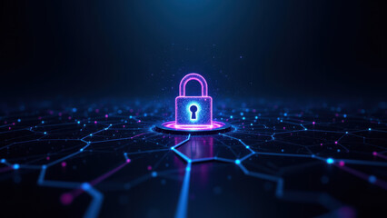 A digital lock on a glowing circuit board background with neon pink and blue lights, symbolizing security within cyber networks.