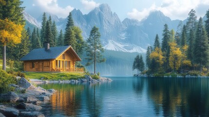 Fototapeta premium wood cabin nestled by a serene lake, surrounded by towering trees and majestic mountains, creating a picturesque natural landscape that invites tranquility and connection with nature