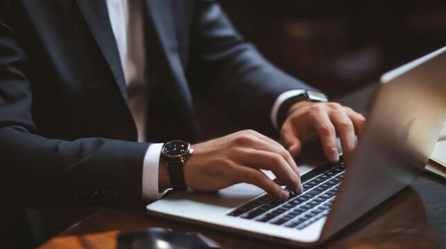 A man in a suit is typing on a laptop computer