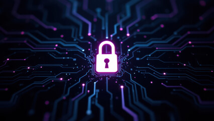 An illustration of a lock symbolizing security and protection within a network of glowing lines.