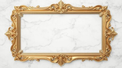 Golden frame with intricate detailing placed on a luxurious marble background, decorative