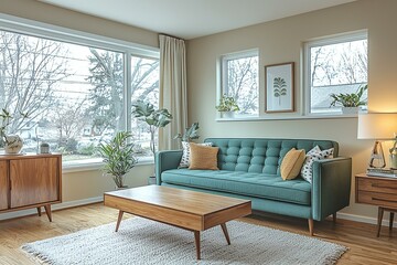 Obraz premium Mid century Modern Interior in a well-lit living room with teal sofas and tables. Generative AI 