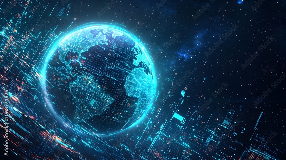 Canvas Prints futuristic glowing planet earth with orbiting digital data streams and holographic satellites in spa