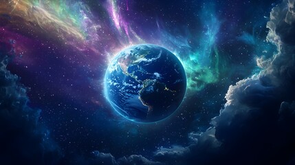 Obraz premium Luminous Planet Earth Wrapped in Vibrant Aurora Borealis Against Starry Cosmic Backdrop