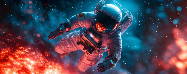 Astronaut Floating Through Space with Glowing Red and Blue Nebulae Behind
