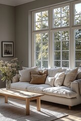 Fototapeta premium Minimalist, comfortable Scandinavian interiors in residential living rooms with large windows and sofas and tables. Generative AI 