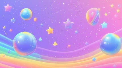 A whimsical and colorful abstract background with rainbow stripes, planets, stars, and a pastel gradient background.