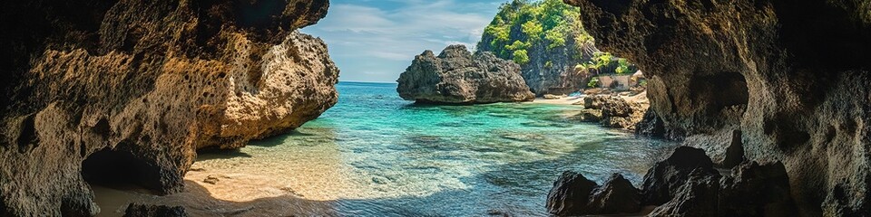 Fototapeta premium Panoramic cave view revealing turquoise sea and rugged cliffs.