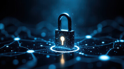 Illustration of a digital lock on a network with glowing nodes and blue glow.