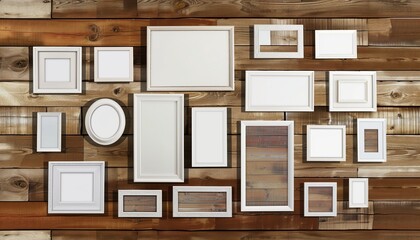 Capturing Memories: A Beautiful Blank Photo Frame Collage Adorning a Wooden Wall in an Interior Layo