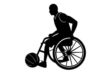 Silhouette of an athlete in a sports wheelchair actively dribbling a basketball.