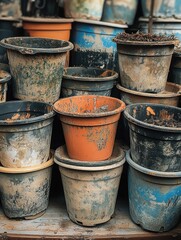 Fototapeta premium Colorful collection of weathered plant pots in various sizes, showcasing timeless beauty.