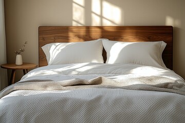 Minimalist, Scandinavian Interior House A close-up shot of a bed in a bedroom. Generative AI
