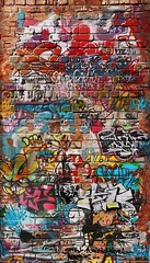 Obraz premium Vibrant graffiti explosion on brick wall a stunning showcase of urban street art creativity