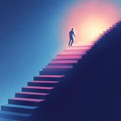 A silhouetted figure ascending colorful stairs towards a glowing light, symbolizing hope.