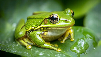 Naklejka premium A vivid image of a green tree frog perched on a lush leaf in a natural habitat.