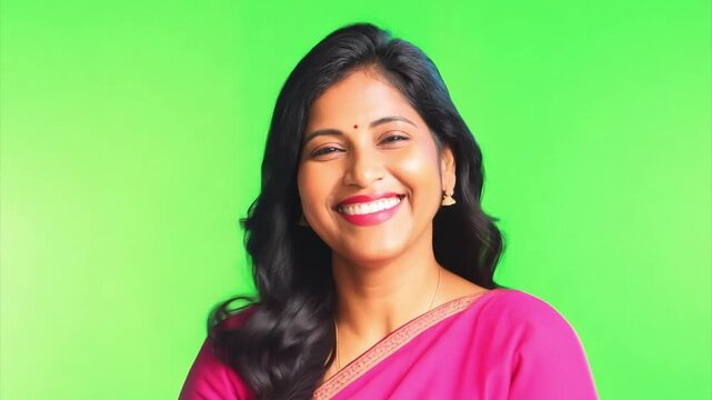 Beautiful mature Indian woman standing on green background looking at camera and smiling. Chrome Kay