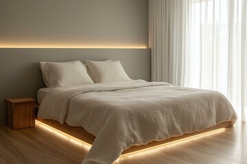 Fototapeta premium A midcentury modern interior in a residential bedroom with a comfortable bed. Generative AI 