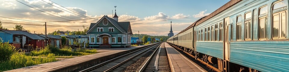 Obraz premium Train at rural station during sunset with clear sky.