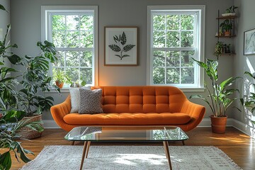Fototapeta premium Minimalist, light house with orange sofa and table Mid century Modern interior in living room. Generative AI 