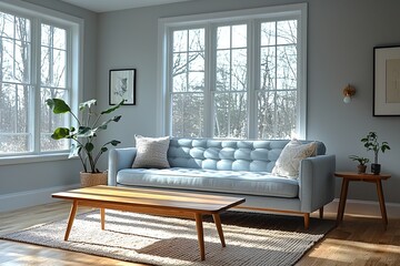Fototapeta premium Minimalist, mid century modern interiors in residential living rooms with sky blue sofas and tables and windows. Generative AI 
