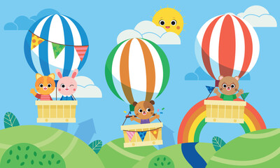 Cute animals riding on hot air balloons on sky landscape with cloud and rainbow above pond, green field. Animal character cat, bunny, bear, dog on aerostat with baskets. Journey, back to school.