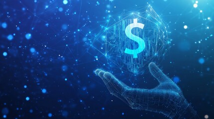 A digital hand holds a glowing dollar sign in a futuristic, blue, tech-inspired design.