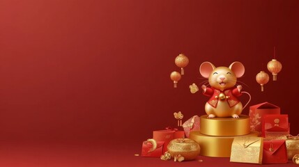 A red background with a gold mouse holding a bell