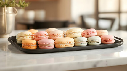 Fototapeta premium A close-up of pastel-colored macarons on a tray, exuding elegance and sweetness in every detail.