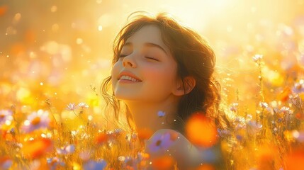 Fototapeta premium young girl with flowing dark hair playing joyfully in a sunlit field of wildflowers, her laughter echoing among the blossoms, surrounded by a dreamy haze of sunlight and vibrant colors