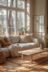 Minimalist, Scandinavian interior with pots and sofas. Generative AI
