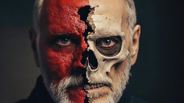 A man with a white beard stares intensely into the camera, his face split in two. One side is covered in red paint, the other is painted as a skull