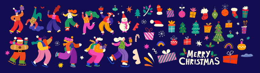 Merry Christmas holiday elements. Christmas decorative collection with fun people, Christmas tree and gifts. People are dancing, having fun and celebrating Christmas