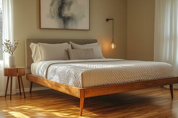 Minimalist, mid century modern interiors in a residential bedroom with walls and beds with art frames hanging on it. Generative AI
