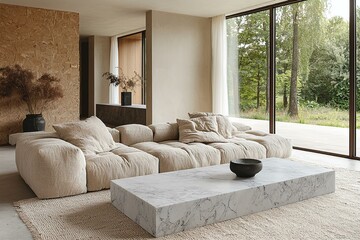 Obraz premium Wide House This is a Scandinavian interior with a sofa and table in the living room. Generative AI 