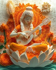 Fototapeta premium Discover the divine beauty of goddess saraswati as she elegantly plays the veena surrounded by vibrant lotus flowers